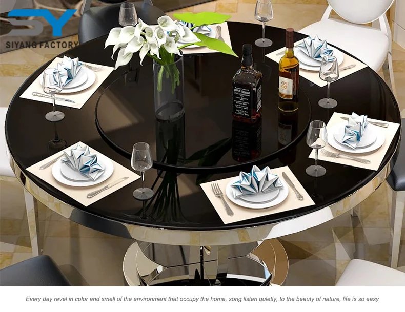 Classical Stainless Steel Furniture Black Glass Top Round Dining Table