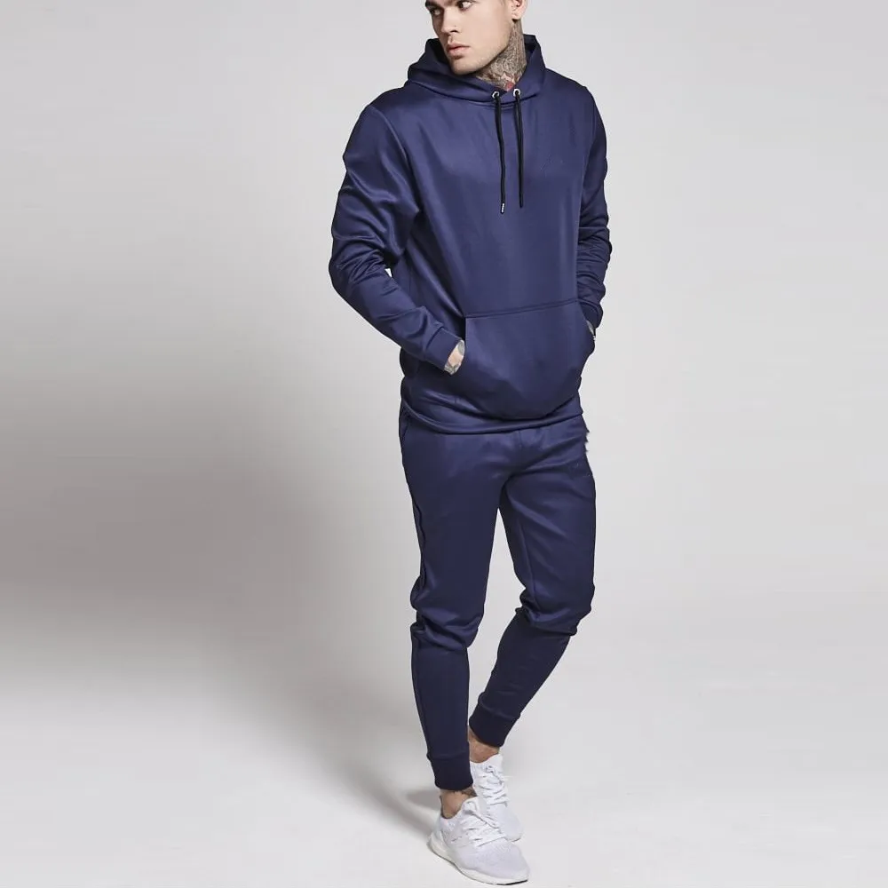 

Mens custom navy blue overhead hoodie tapered jogger dri fit tracksuit, N/a