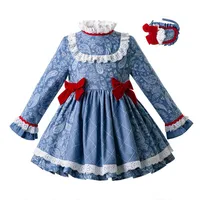 

2020 Newest Pettigirl Party Dress for Girl 2 to 10 Year Light Blue Vintage Girls Dress with Headwear Kids Valentines Clothes