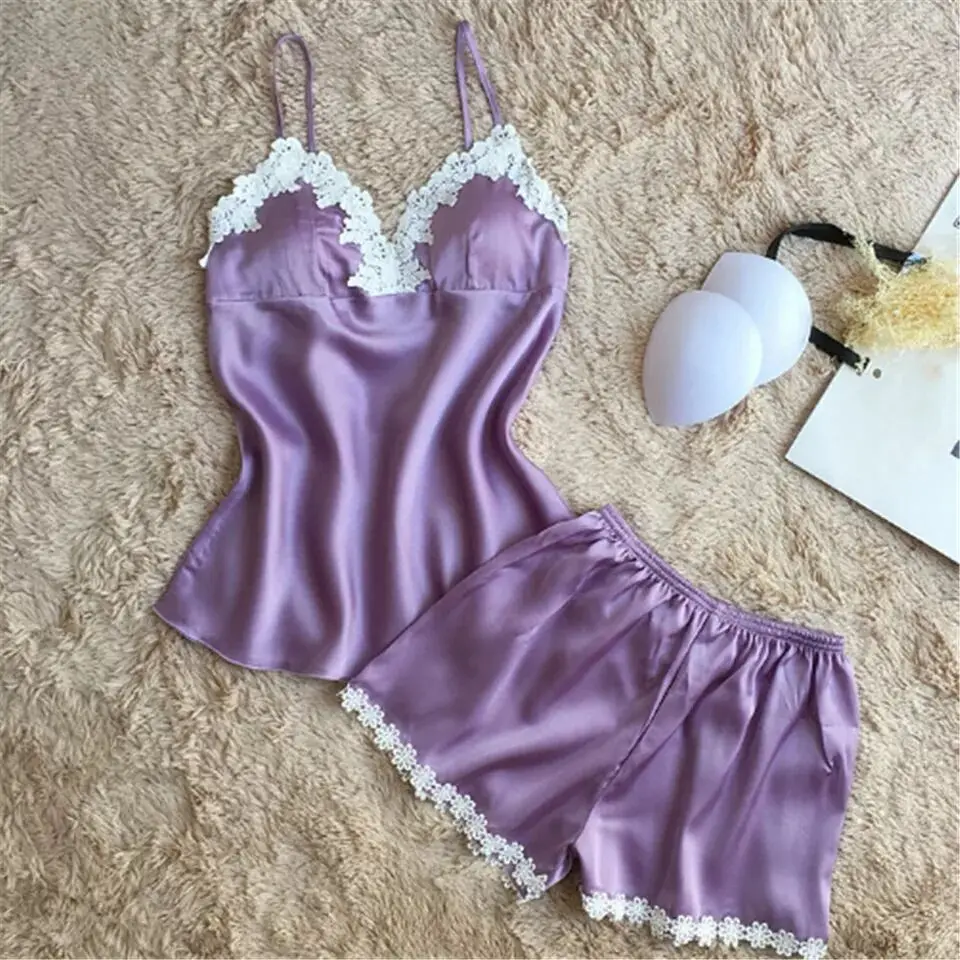 

8 Color Hot Sale Fashion Lace Satin Lingerie Set Summer Nightwear Sexy Pajamas Homewear For Women Sleep Clothing