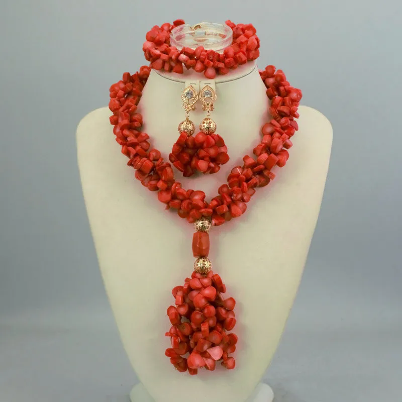 

New Arrival Necklace Bracelet Earring Costume African beads Jewelry Set Nigerian Wedding Coral Beads Bridal Jewelry Set, Picture