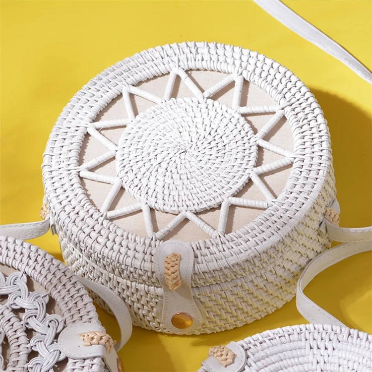 

Ins Bali Handwoven Round Rattan Shoulder Bag White Round Style Summer Beach Strasw Sling Bag Women Handmade Rattan Crossbody Bag, Customizable