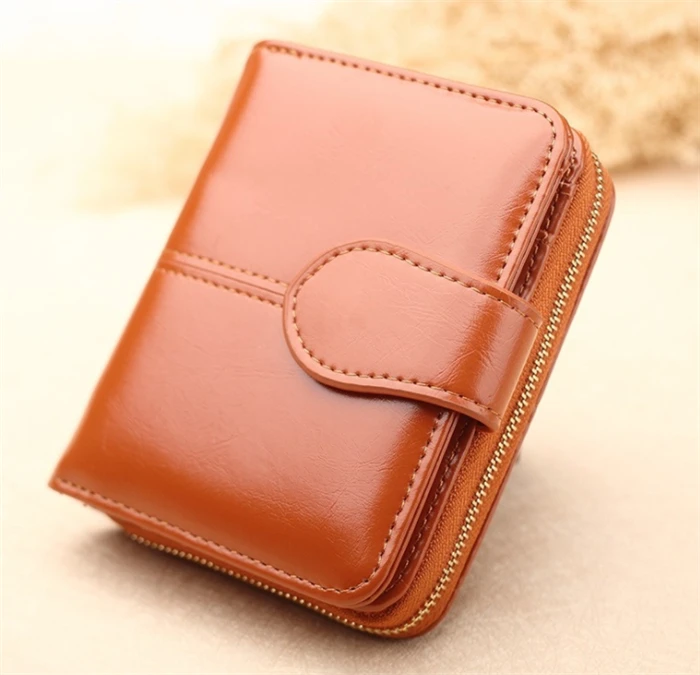 

Fashionable women's short oil wax leather small wallet with coin pocket, Maroon, blue, black, brown, rose red, pink, orange red.