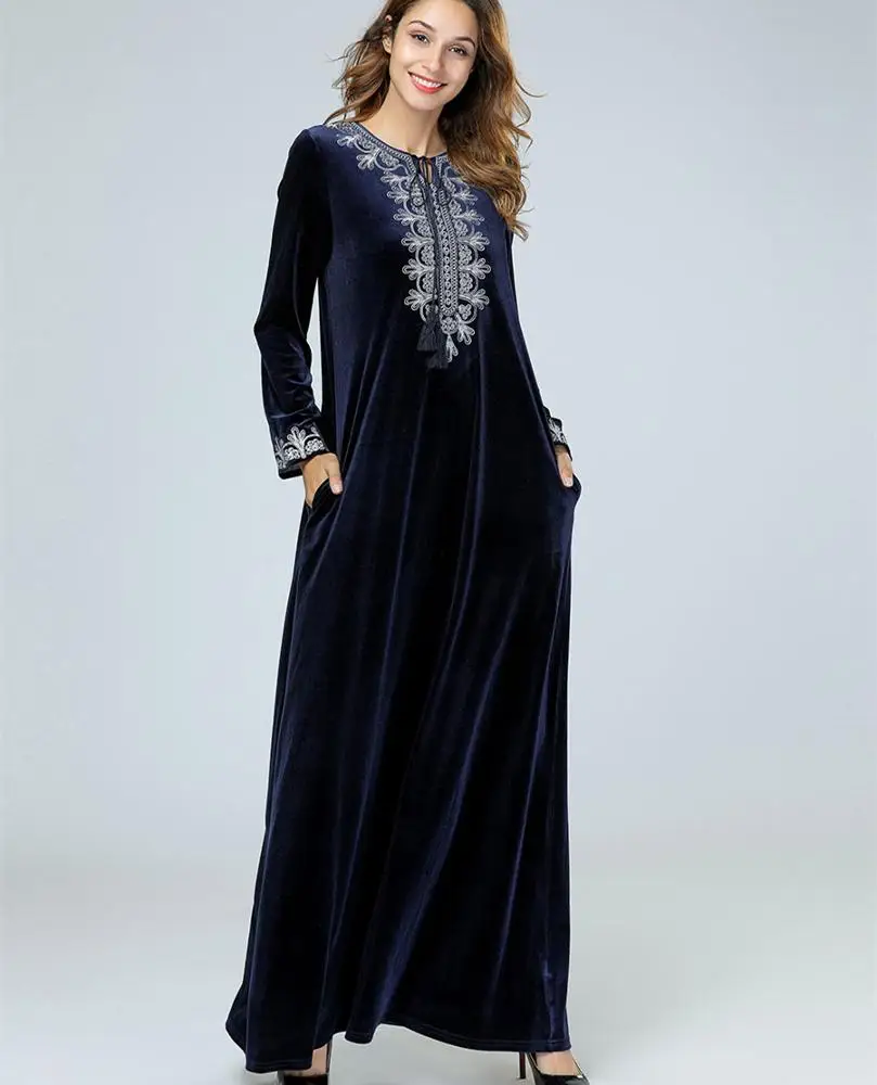 

A4235 Muslim pleuche embroidered velvet kimono crochet lace navy blue beauty abaya