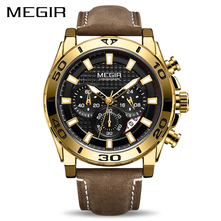 

MEGIR 2094 Men's Leather Strap Army Sports Quartz Watches Waterproof Luminous Chronograph Wristwatch Man Clock Black