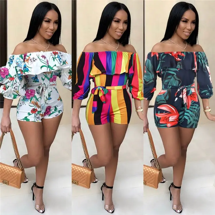 

BH9104 Summer Lady Sexy Print Long Sleeve Strapless Tight Shorts Jumpsuit