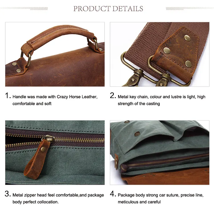 Classic vintage design canvas unisex briefcase leather satchel laptop cross body messenger bag