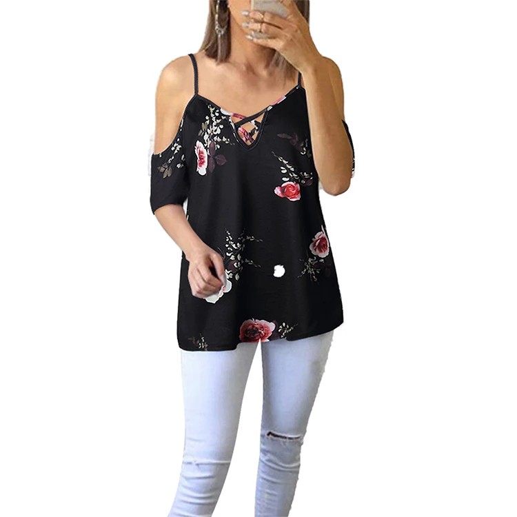 

Summer Casual Floral Print Sling Cut Out Sleeve Lady Blouse & Top