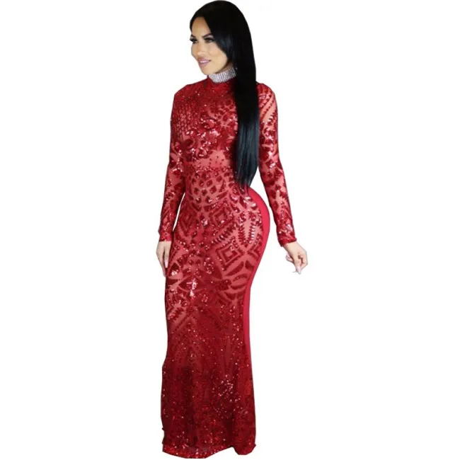 

New European station explosions long sleeve round neck maxi sequin dress women party wedding dresses A400