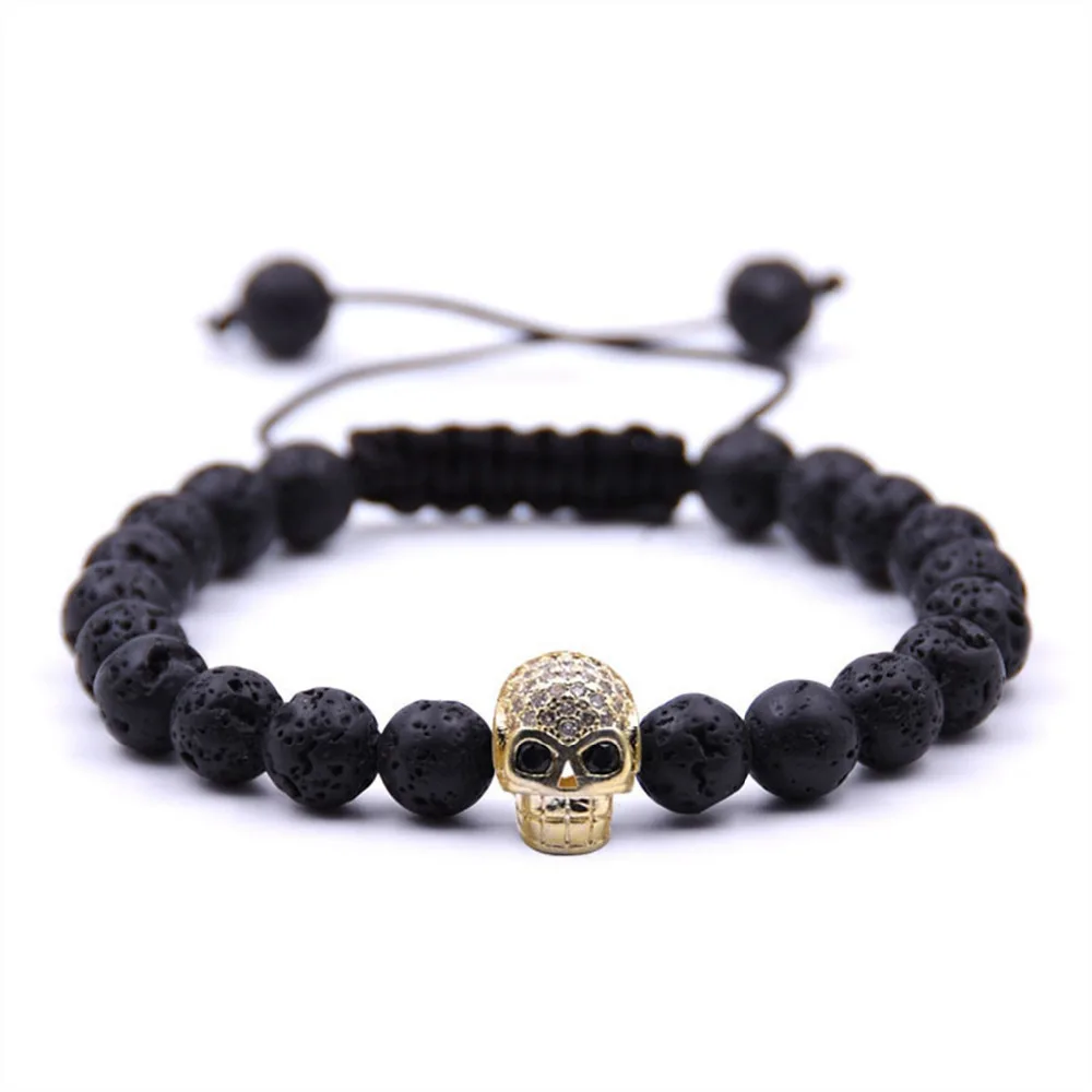 

2018 new fashion handmade woven Zinc Alloy bracelet spiritua skull head black volcanic lava stone bracelet Bead bracelet for men