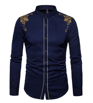 Collarless Mens Golden Embroidery Dress Shirt For Business - Buy Golden ...