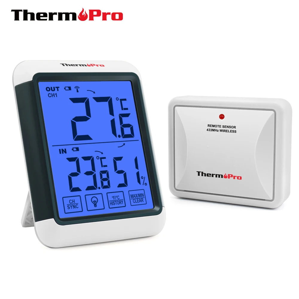 

ThermoPro TP65S Digital Wireless Hygrometer Indoor Outdoor Thermometer Humidity and Temperature Monitor with Backlit, White