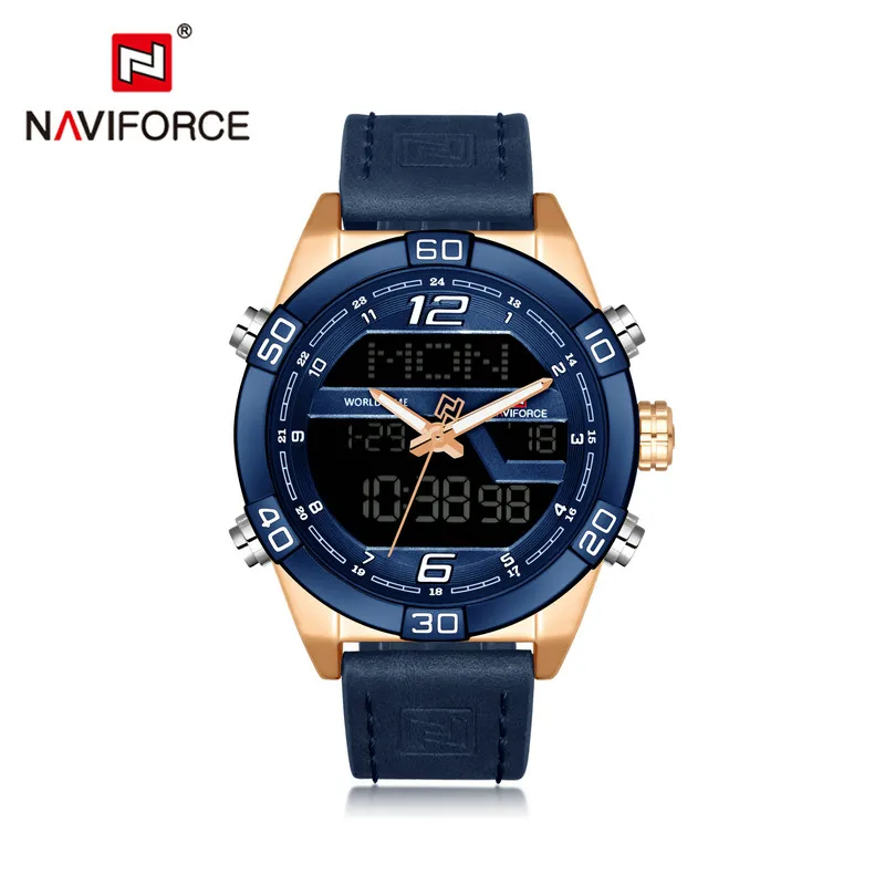 

NAVIFORCE NF9128M Men LED Digital & Quartz Wristwatch Leather Auto Date Wristwatch, As picture