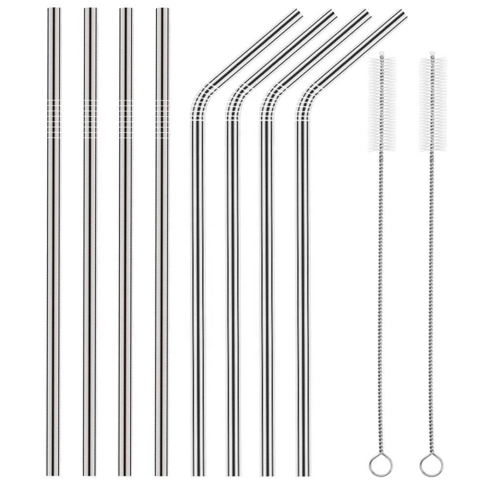 

Set of 8 Stainless Steel Straws Reusable Drinking Metal Straw Sets with Brush and Bag, Silver or customized