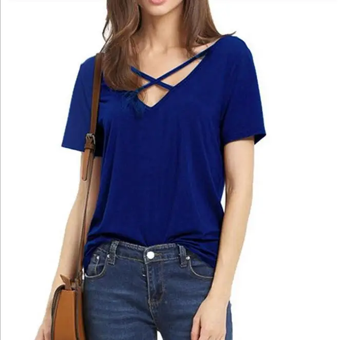 

2018 Summer Fashion Women Sexy V Neck Cross Top Casual Tee Shirt, Black;green;gray;white;wine red;blue