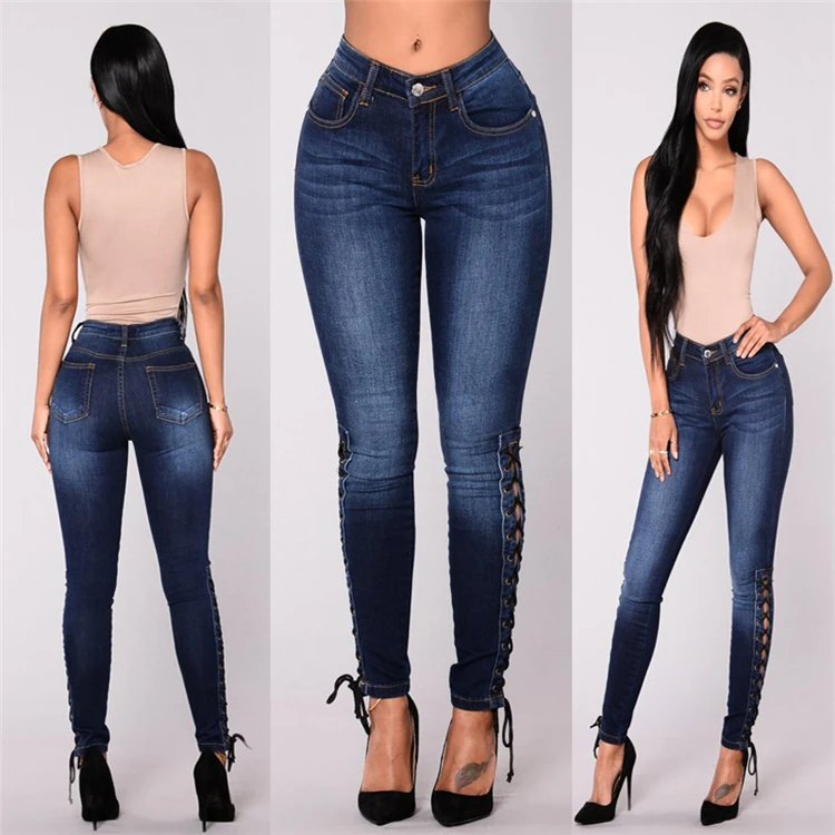 

708058 Promotional Custom High Waist Tight Stretch Feet Fashion Design Popular Women Jeans, Shown