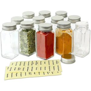 Image of 12 Square Glass Spice Bottles Spice Jars w/ label Set