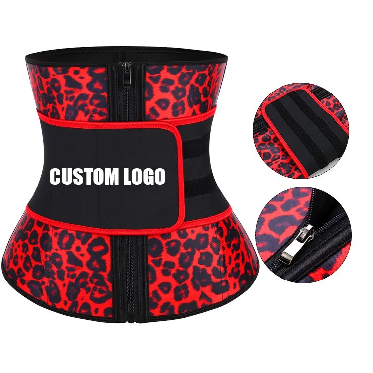 

2019 New Adjustable Compression Belt Red Leopard Print Women 100% Latex Waist Trainer Shaper, As show