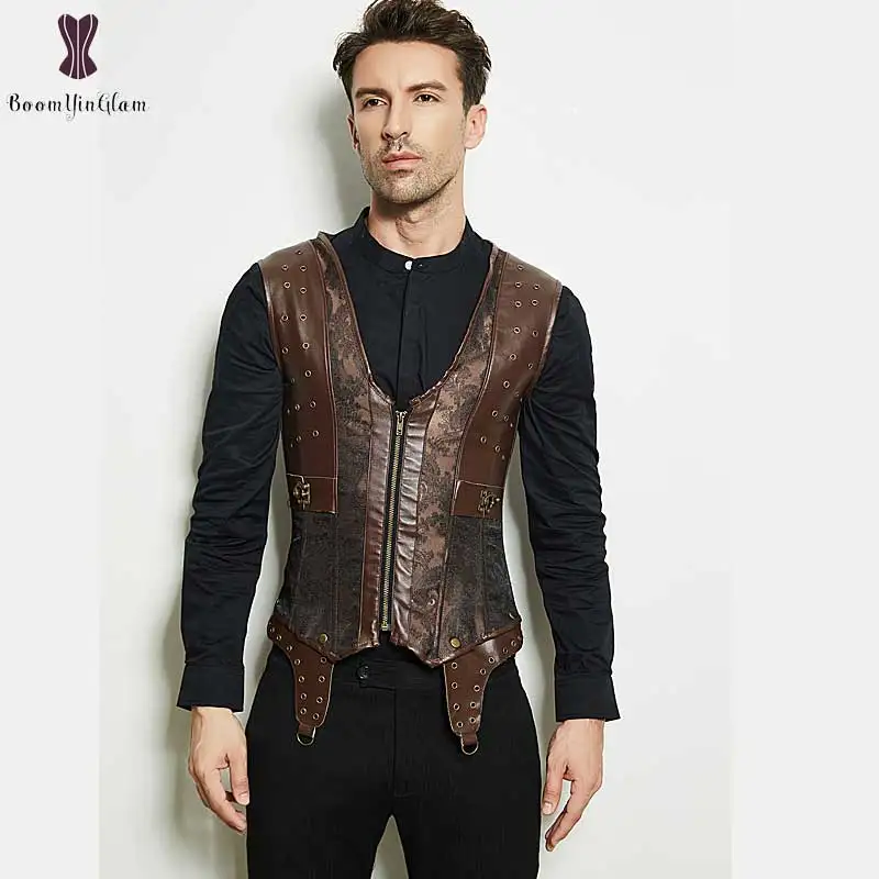 

Synthetic Leather Steampunk Style Jacket Pattern Coffee Steel Boned Mens Corset, Brown