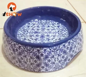 blue and white dog bowl