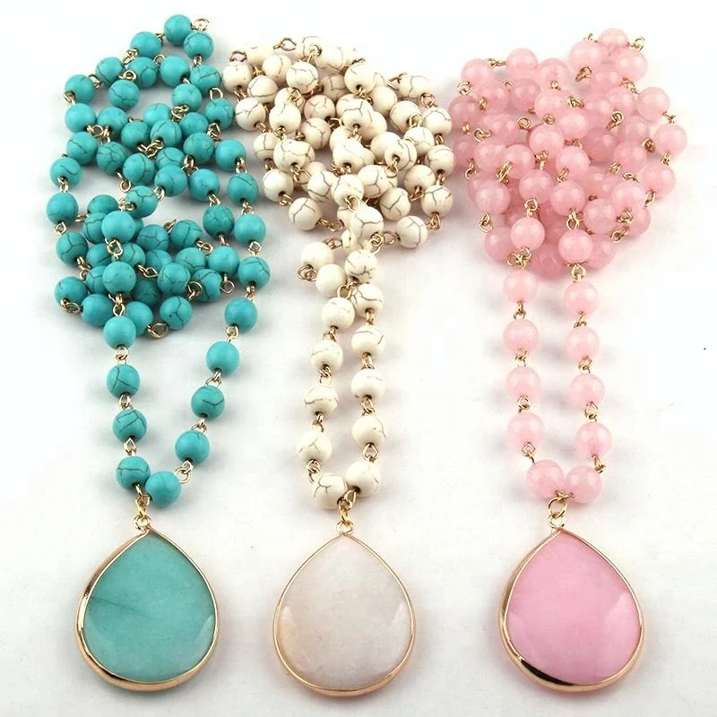 

Women Beige/Blue/Pink Stone Rosary Chain Necklace Link Stone Turquoise Drop Pendant Necklace