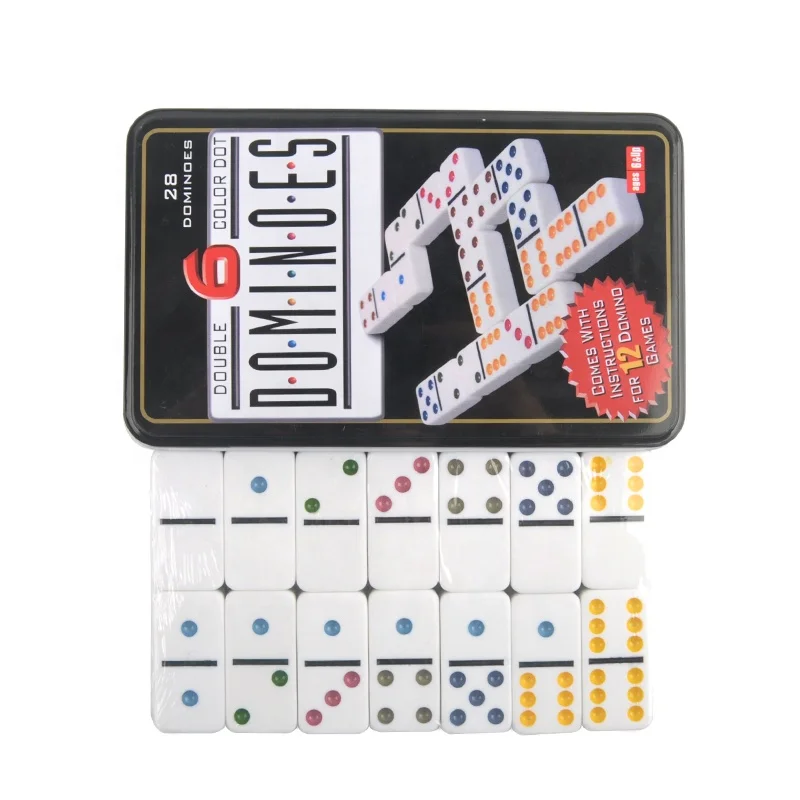 

Double 6 color dominoes 28 blocks in tin box Come with instructions for 12 domino games