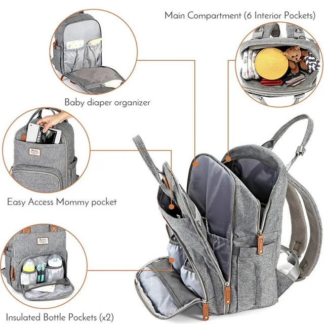 JUNYUAN Leather Insulated Mummy Daddy Baby Diaper Bag Backpack With Stroller Strap