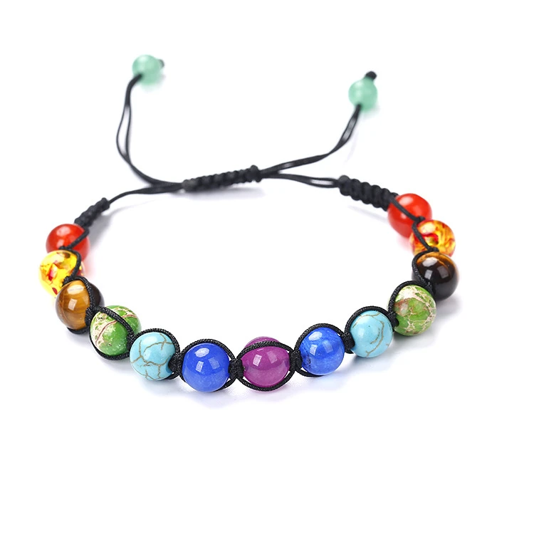 

13 Beads 8mm Colorful Natural Stone Adjustable Rope Bracelet Handmade Weave Black Rope Line Chakra Aura Stone Bracelet For Girls, As picture