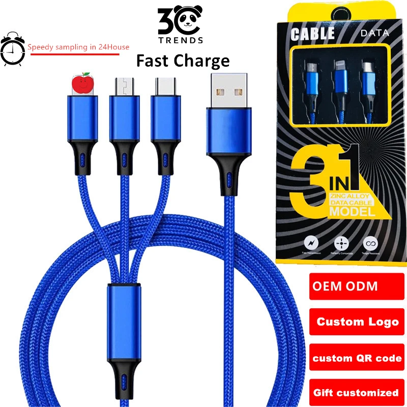 

3A fast charge mobile phone three-in-one 3 in 1 data usb cable durable nylon USB Micro 8PIN 3.5mm