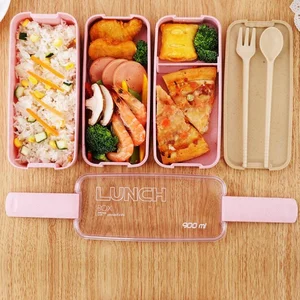 LULA 900ml Healthy Material Wheat Fiber Lunch Box 3 Layer Wheat Straw Microwave Food Container Lunch Box with Fork Spoon