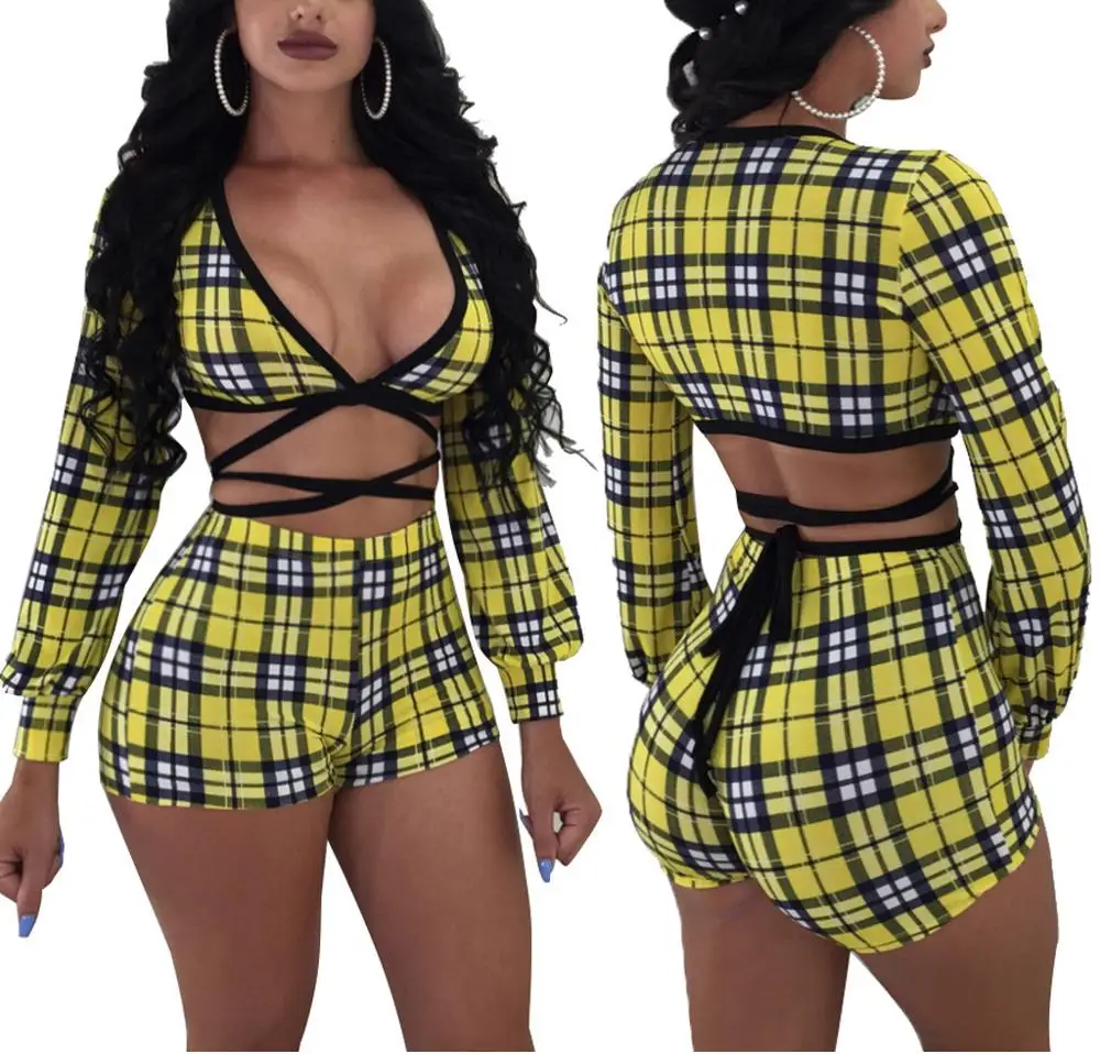 

80509-MX197 Summer yellow plaid bandage jumpsuit for women