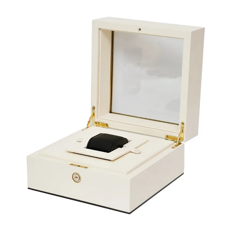 custom white lockable wooden watch box with window on the top