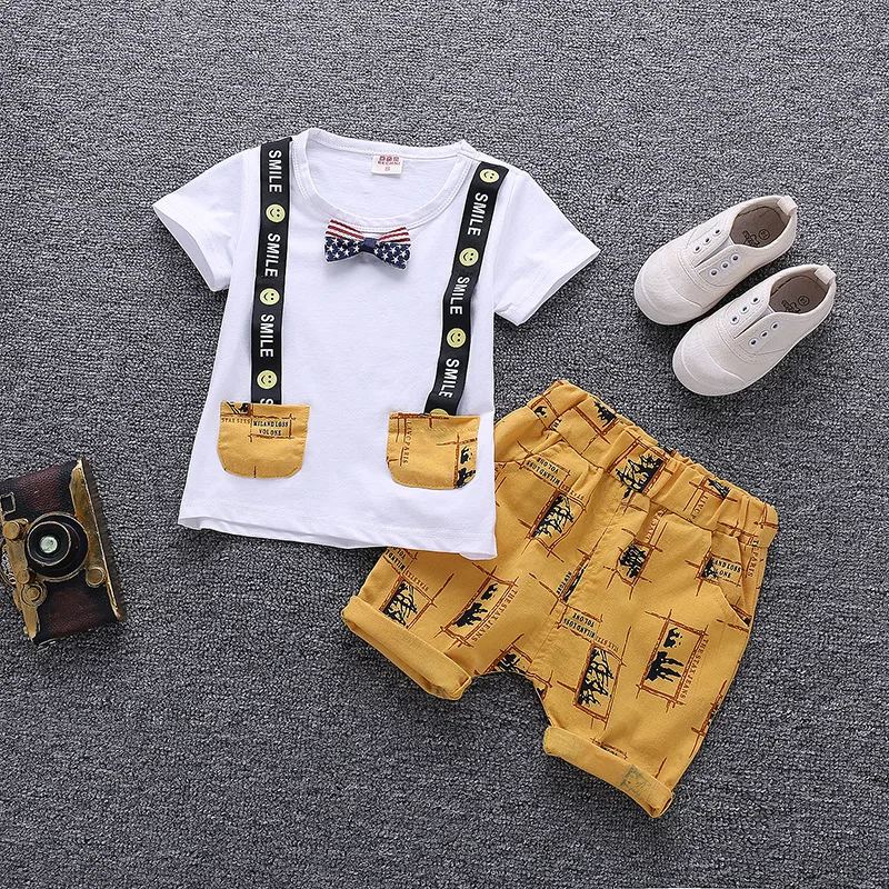 

Wholesale Boys Two Piece Short Sleeve Children Clothes Set, Gray/white/sky blue/yellow