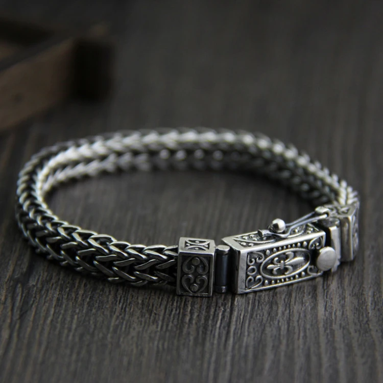 

925 Sterling Silver Fashion Braided Dragon Bone Bracelet Men's Retro Thai Silver Jewelry