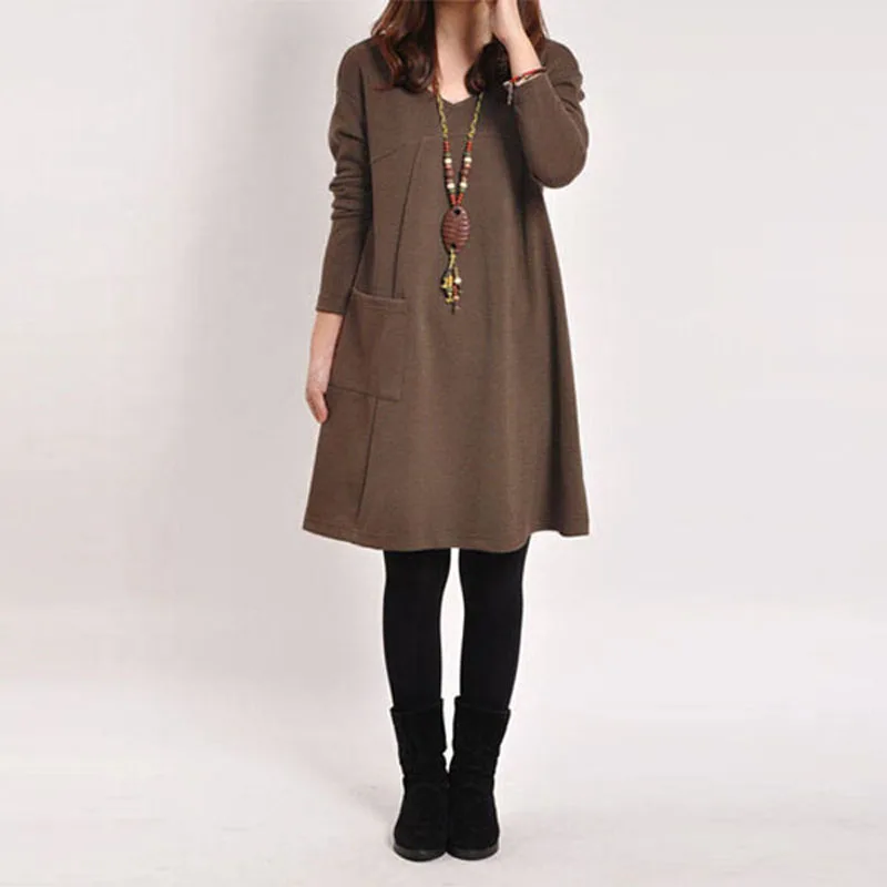 5 Colors 8 Sizes Spring Autumn 2016 Elegant Women Casual Long Sleeve Pocket Dress Solid O