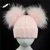 Brand Cute Baby Crochet Hats and Caps with Two Real Raccoon Fur Balls Top Color Matching Hat