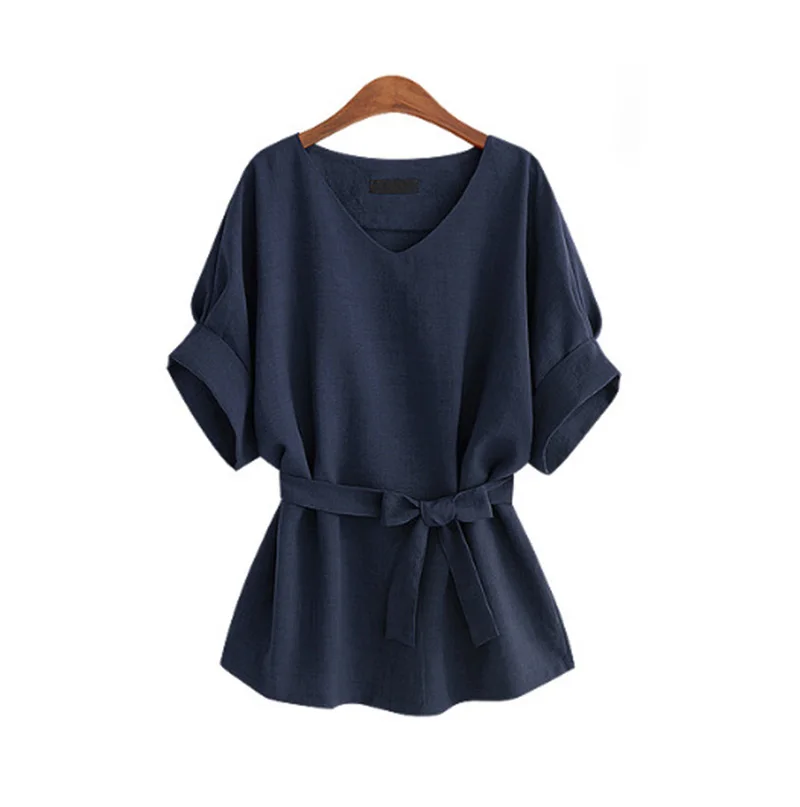 

Women Linen Cotton Batwing Sleeve Bow tie Tunic Shirt V-Neck Loose Tops for Female Summer Autumn Woman's Blouse Plus Size30%