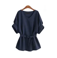 

Women Linen Cotton Batwing Sleeve Bow tie Tunic Shirt V-Neck Loose Tops for Female Summer Autumn Woman's Blouse Plus Size