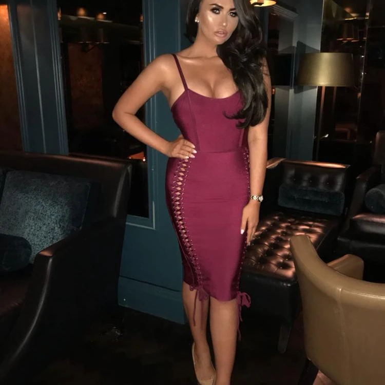 

OEM v neck lace up bandaged dresses popular burgundy tight dress