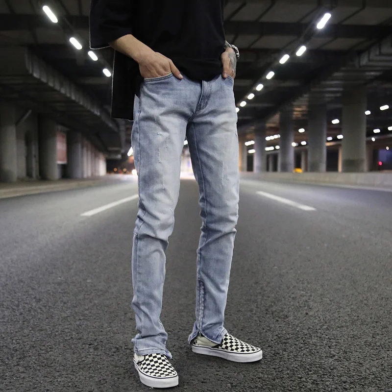 

OEM FOG skinny ripped Rips zipper blue jeans checkboard jeans dropshipping