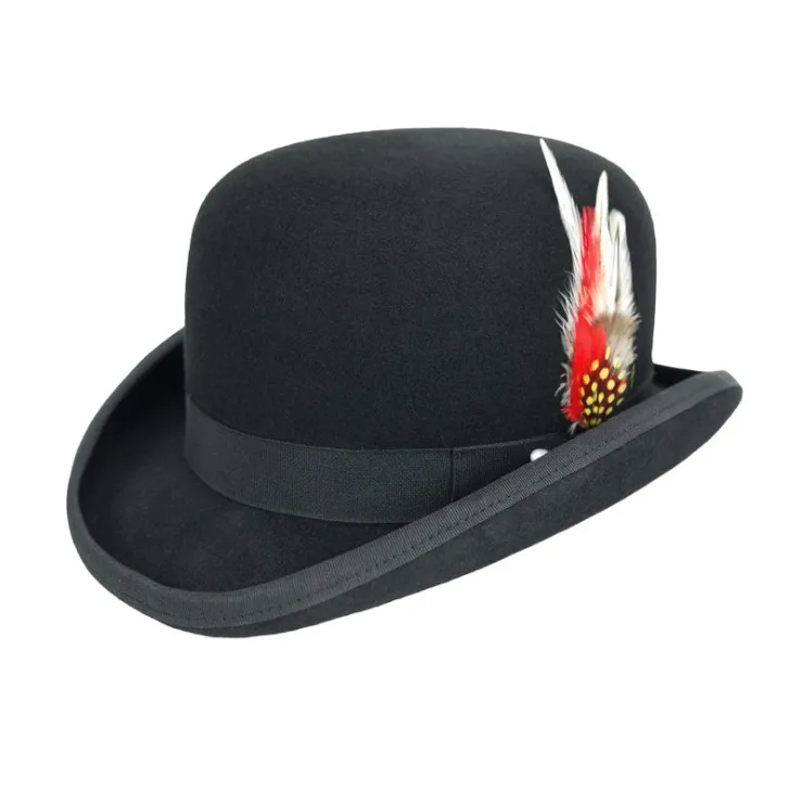 
High Quality America Music Festival Black Hard Wool Felt Bowler Hat with Feather 