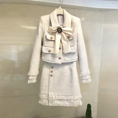 

2018 New arrival wholesale elegant office ladies winter coat set tassel fringes Blazer suit A line skirt tweed trench coat women, Picture