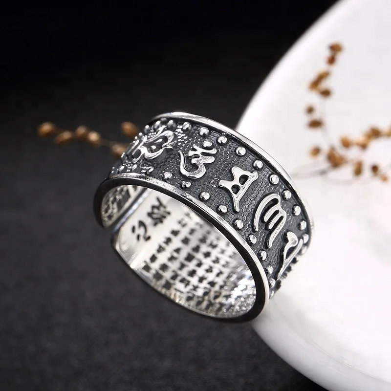 

Vintage S999 Thai Sterling Silver Rings For Men Women Retro Fashion Open Buddhist Flexible Ring Unique Personality Jewelry