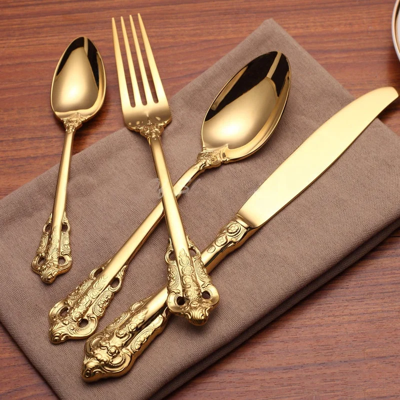 

Top 16pc luxury gold cutlery brand new custom logo flatware silverware set for hire event and hotel restaurant, Rose gold