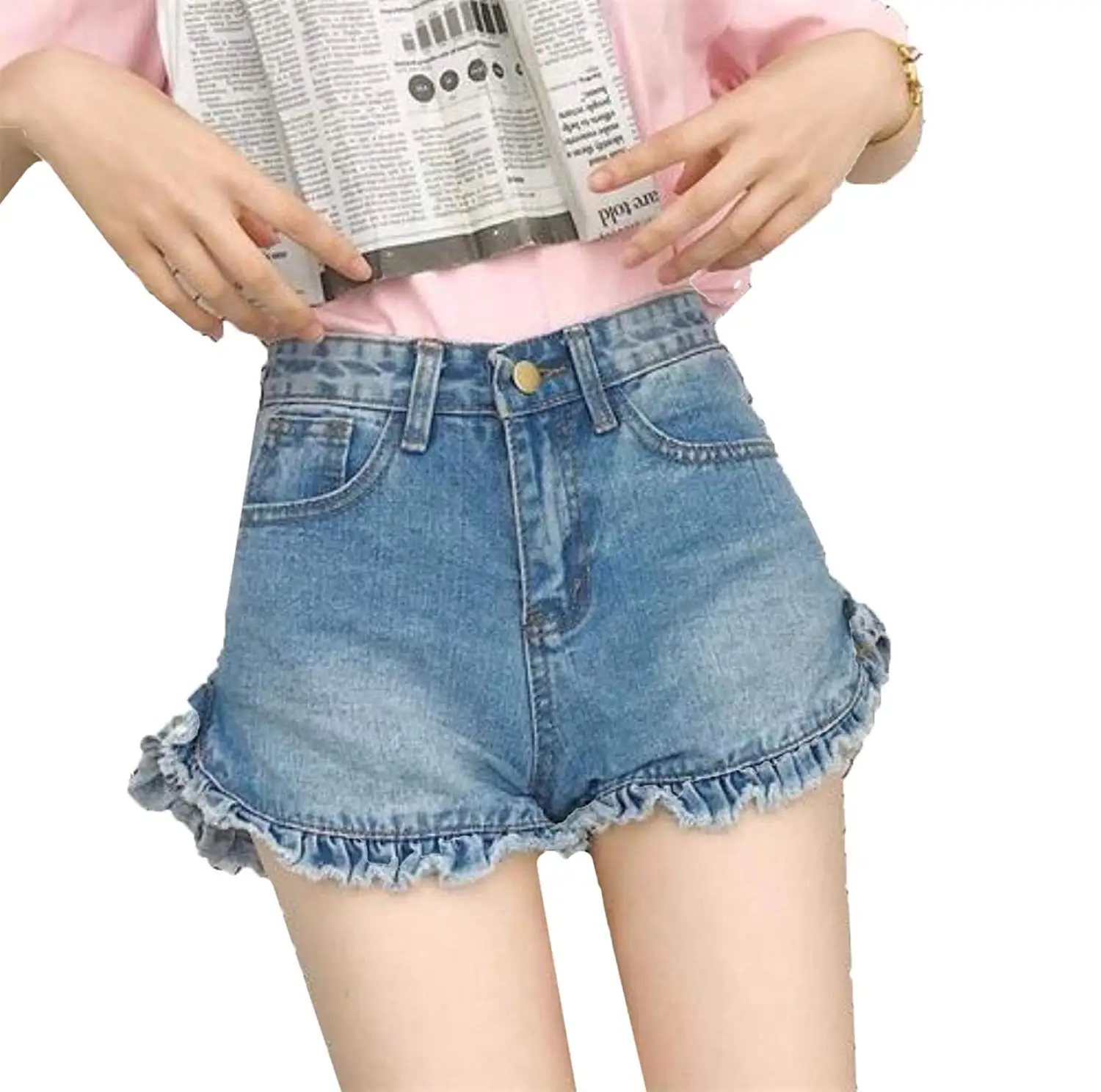 Vska Women Loose Fashion Solid Color High Waist Jean