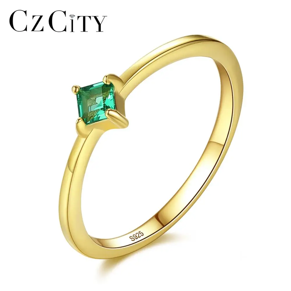

CZCITY Single Square Emerald Lab Gemstone 18K Gold Plated Engagement Rings for Girls 925 Silver Ring Jewelry