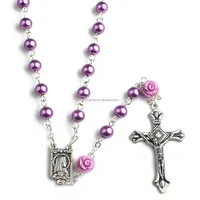 

Retail sell 6mm Purple Pearl Beads with 6pcs Coral Rose Our Father Beads Lourdes Rosary