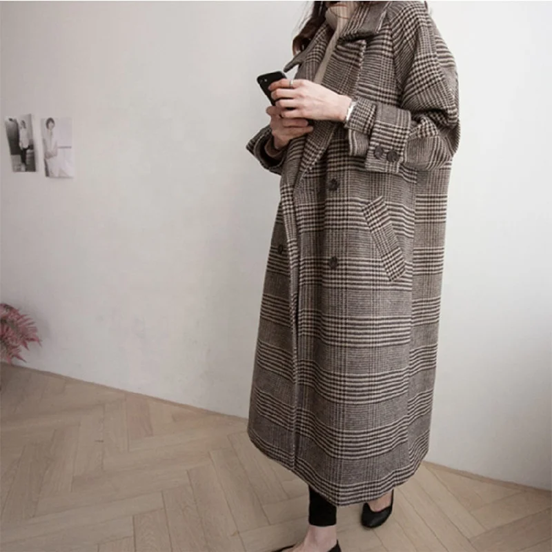 
Add More Cotton Cloth Overcoat Female Woolen Cloth Dust Coat Big Yards Long Grid Winter Coat 
