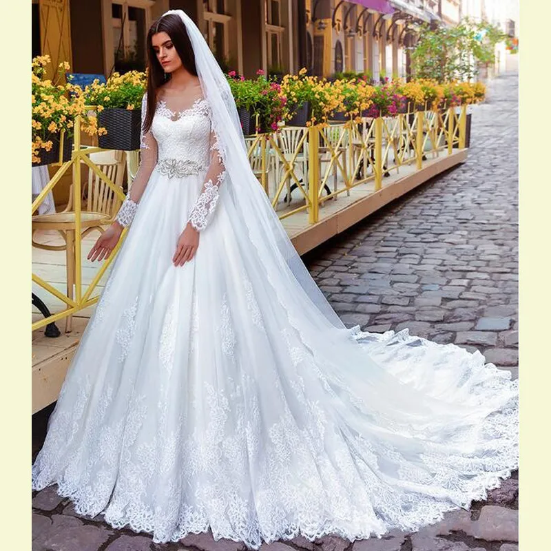 

FA08 Vestidos De Novia Lace Wedding Dress Full Sleeves A-line Vintage Bridal Gowns With Crystal Belt Made in China Casamento, Default or custom