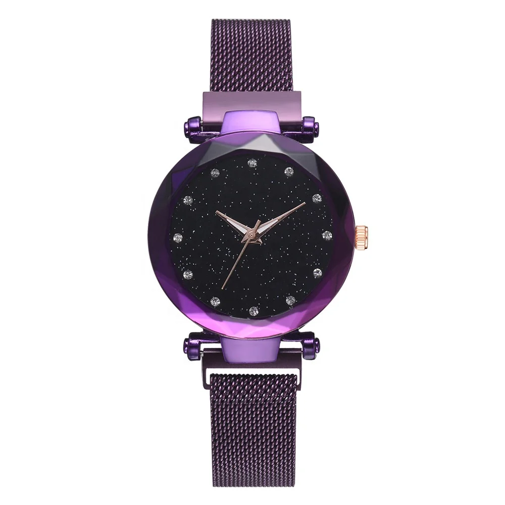 High Quality Fashion Women Luxury Magnet Watch Quartz Starry Sky Rhinestone Mesh Strap Bracelet Watches TW008